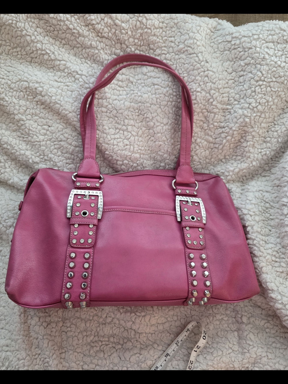 Kathy Van Zealand  Pink Studded Shoulder Bag with Buckle Accents